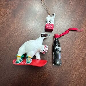 3 Vintage Coca-Cola Coke Christmas Ornaments Polar Bear Snowboard